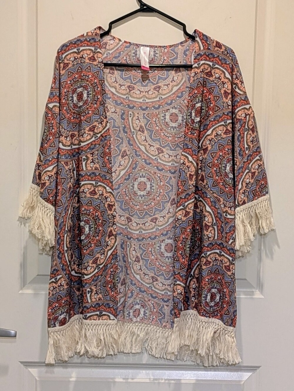NWT No Boundaries M Blue Orange Rayon Elephant Mandala Print Fringed Kimono